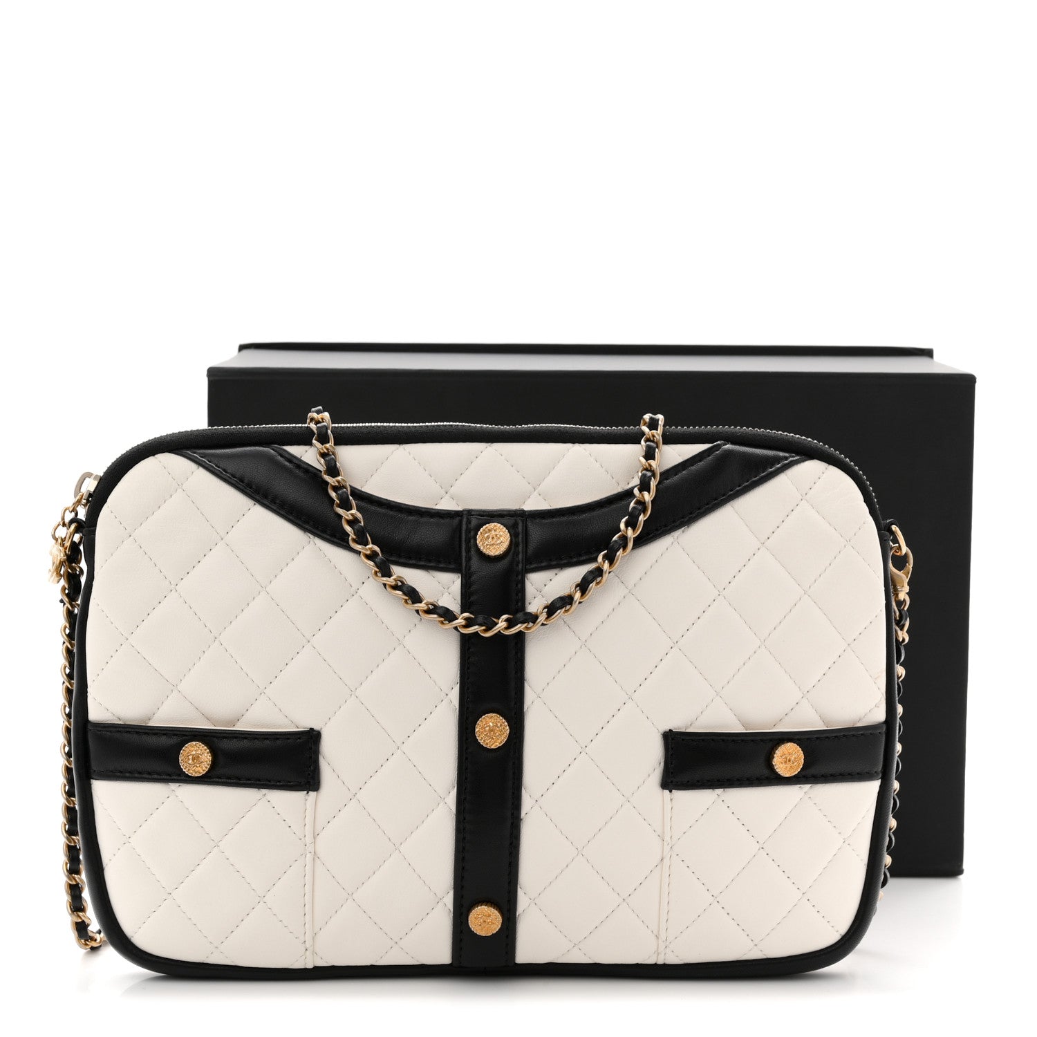 Chanel Lambskin Quilted Medium Girl Shoulder Bag White Black