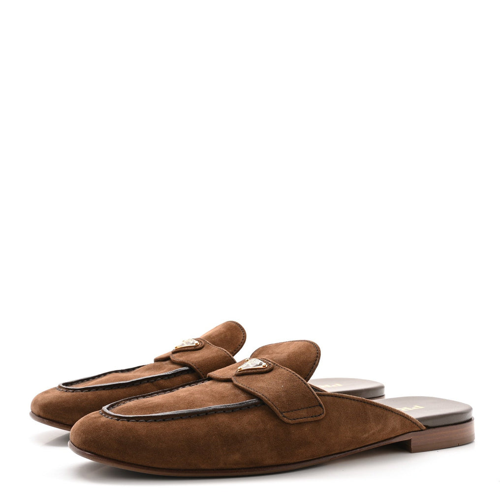 Prada Suede Metal Triangle Logo 10mm Loafer Mules 40 Cannella