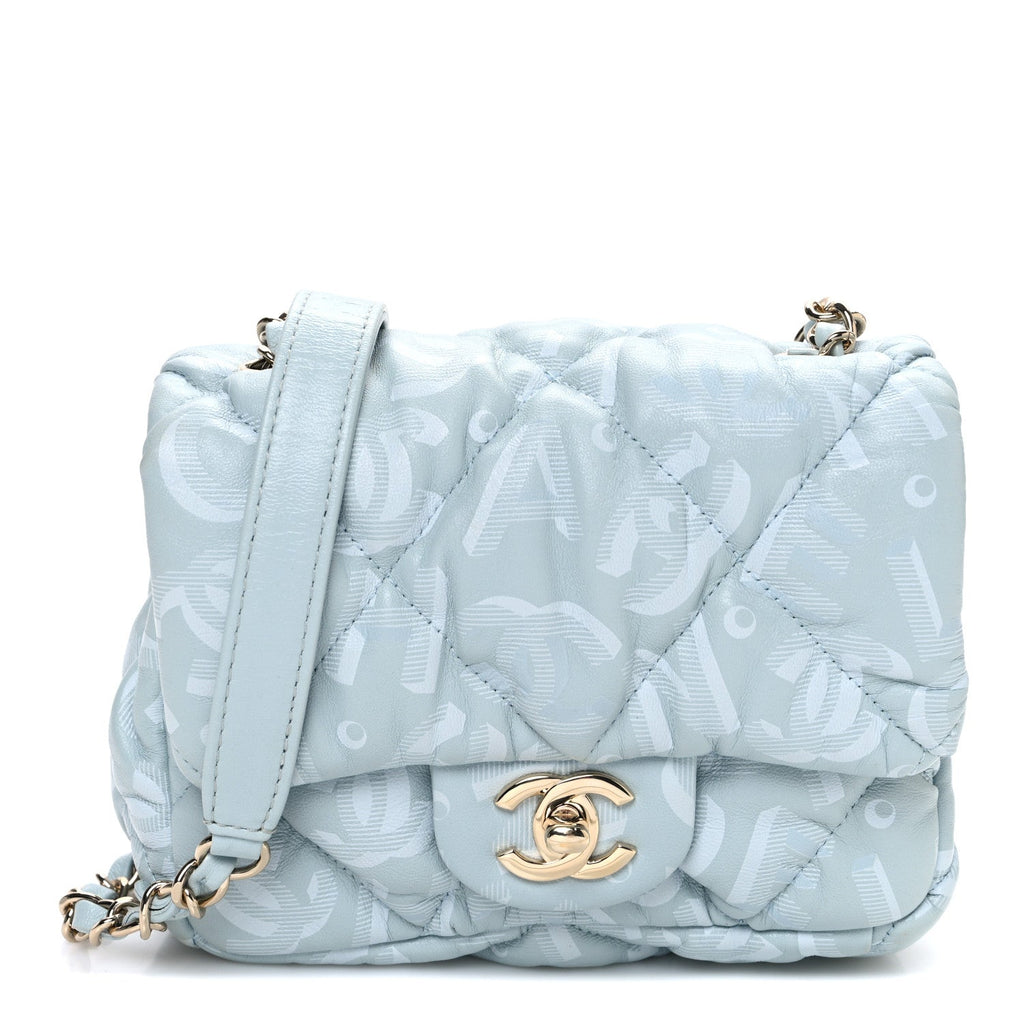 Chanel Lambskin Quilted Printed CC Mini Square Flap Light Blue
