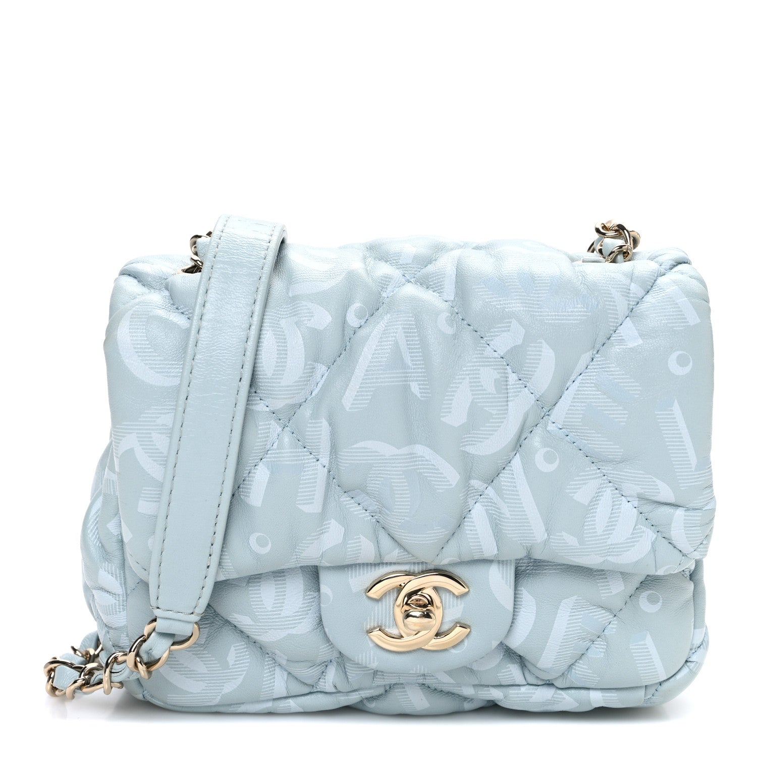 Chanel Lambskin Quilted Printed CC Mini Square Flap Light Blue