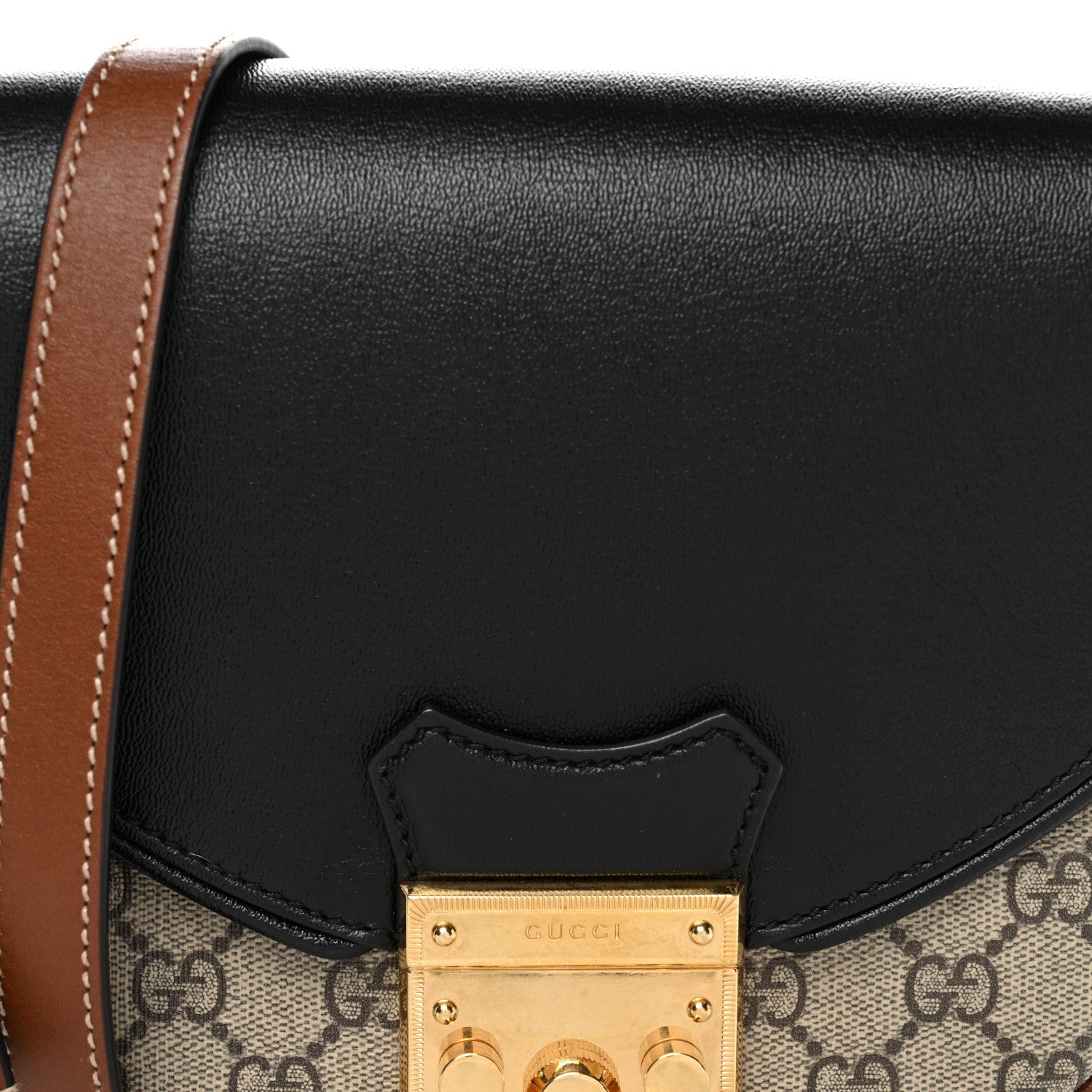 Gucci GG Supreme Monogram Calfskin Small Padlock Messenger Shoulder Bag Beige Black Cuir