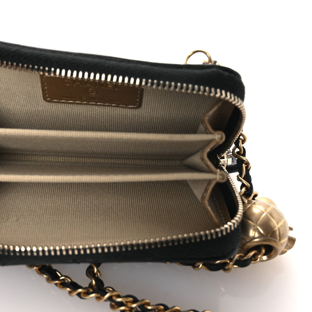 Chanel Lambskin Quilted CC Pearl Crush Zip Card Holder On Chain Black