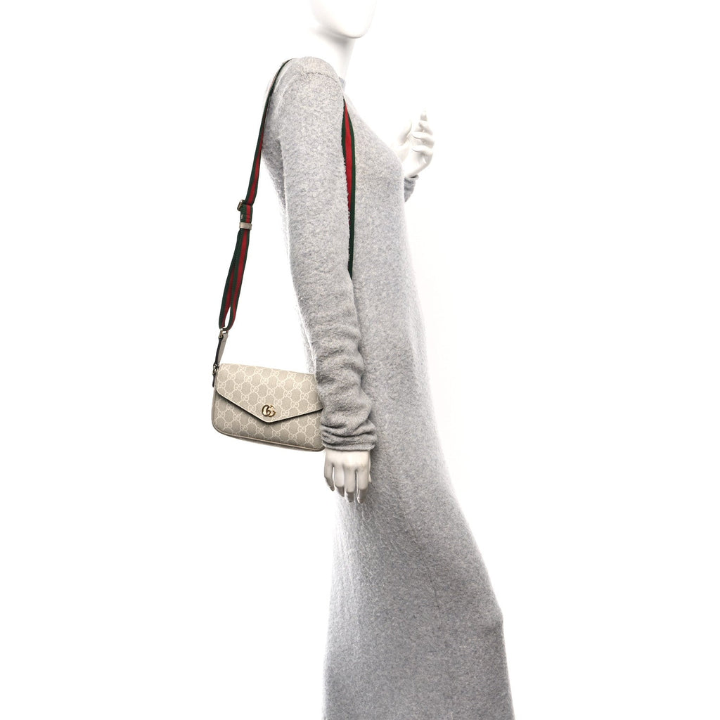 Gucci GG Supreme Monogram Textured Dollar Calfskin Web Mini Ophidia Envelope Shoulder Bag Beige Mystic White Oatmeal