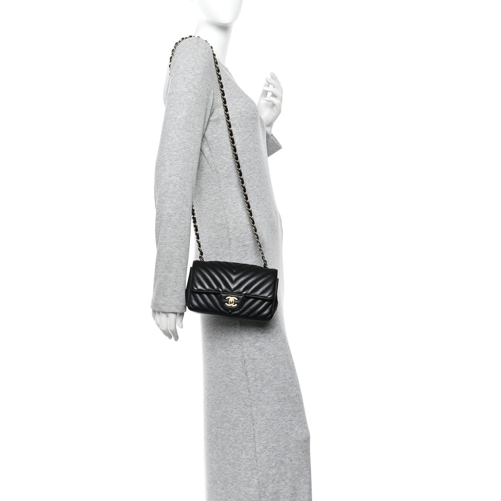 Chanel Lambskin Chevron Quilted Mini Rectangular Flap Black