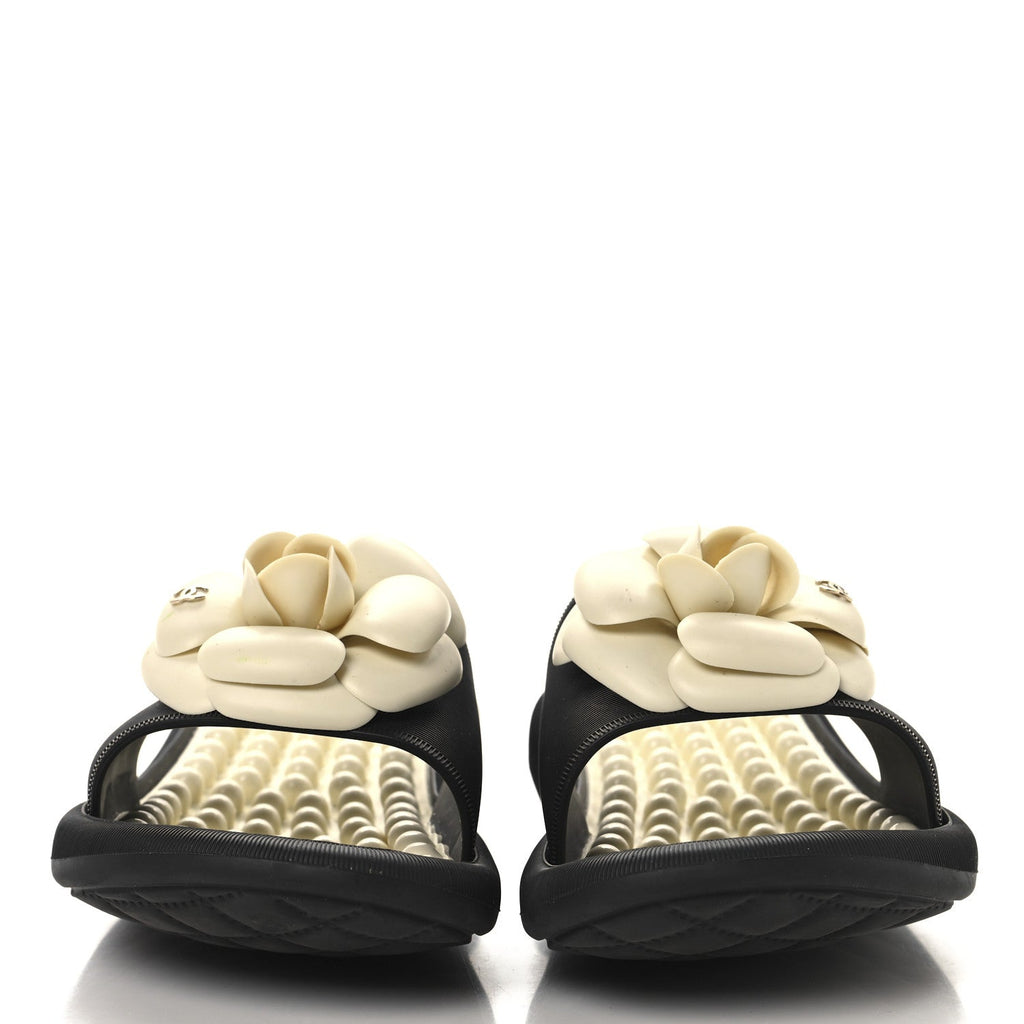 Chanel Thermoplastic PVC Camellia Mule Sandals 36 Black Ivory