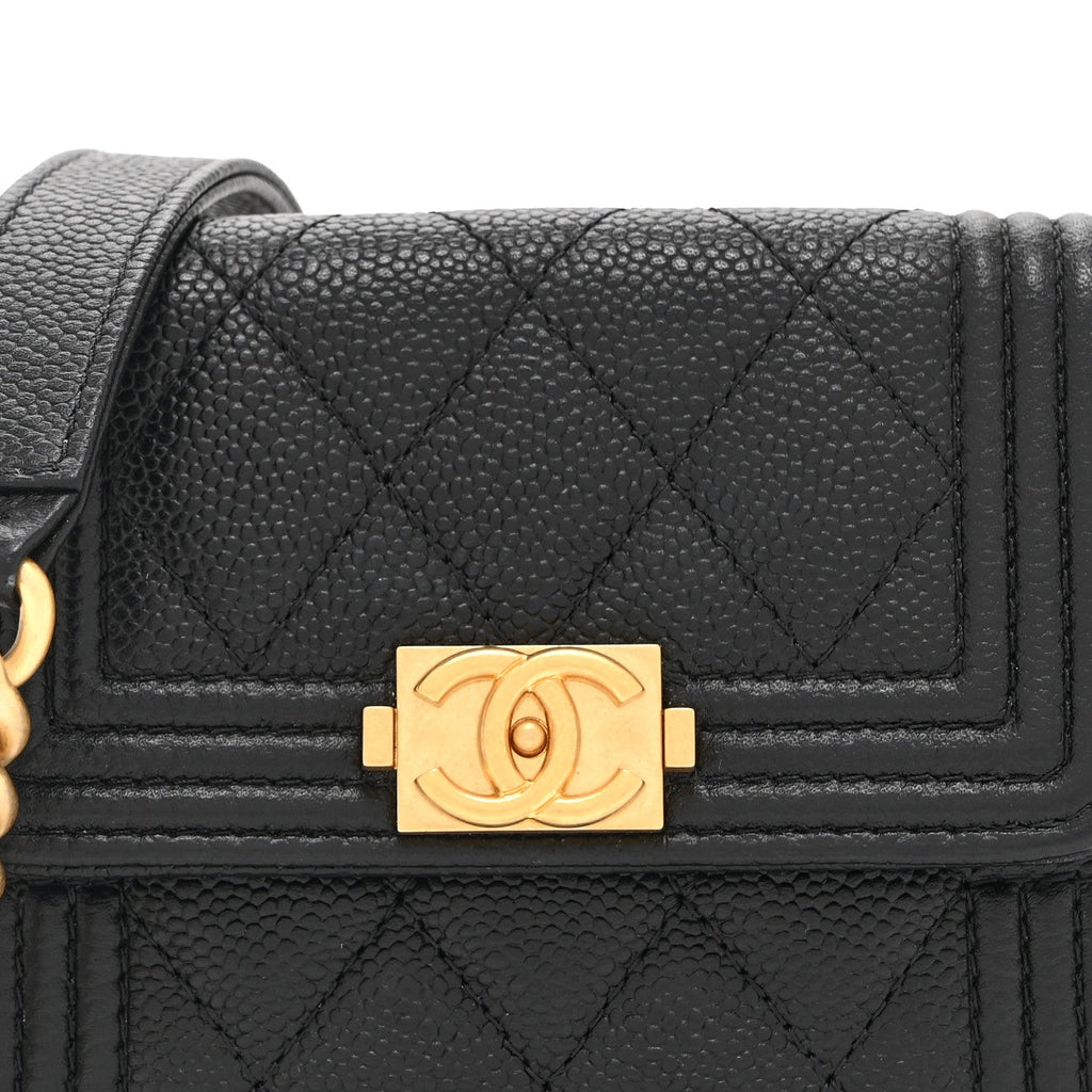 Chanel Caviar Quilted Boy Card Holder On Chain Black