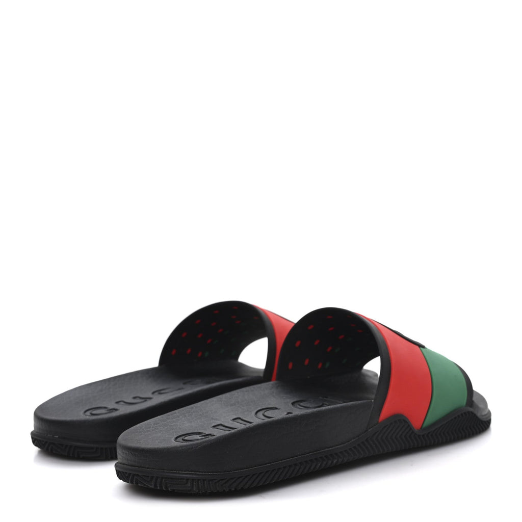 Gucci Rubber Web Womens Interlocking G Slide Sandals 40 Black Green Red