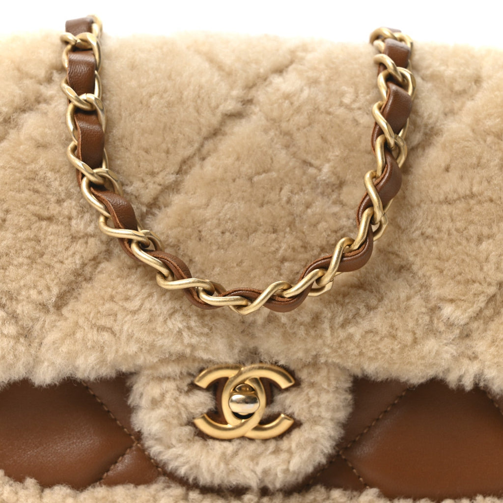 Chanel Shearling Lambskin Quilted Mini Furry Coco Flap Beige Dark Brown