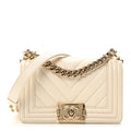 Chanel Caviar Chevron Quilted Small Boy Flap White