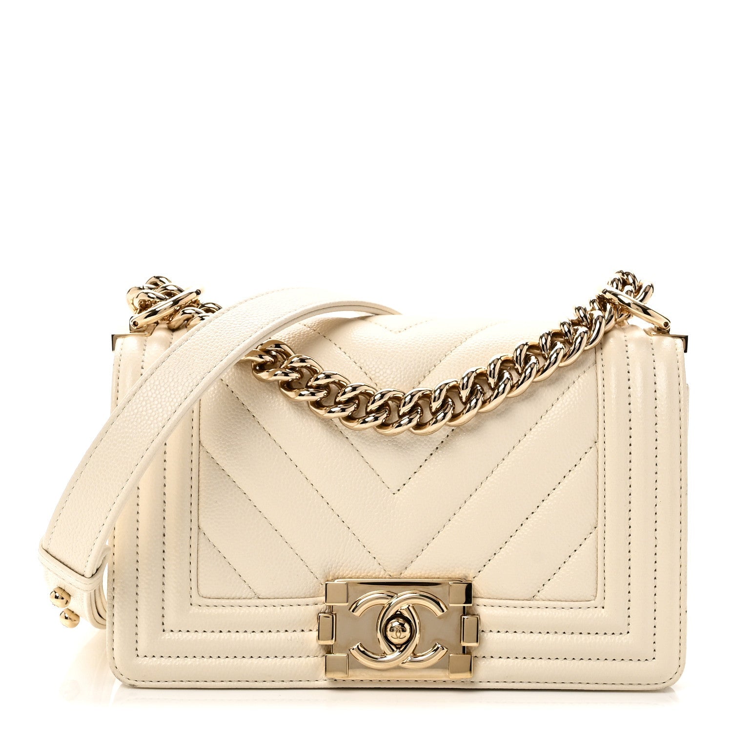 Chanel Caviar Chevron Quilted Small Boy Flap White
