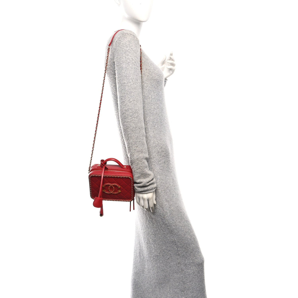 Chanel Goatskin Quilted Small CC Filigree Vanity Case Red