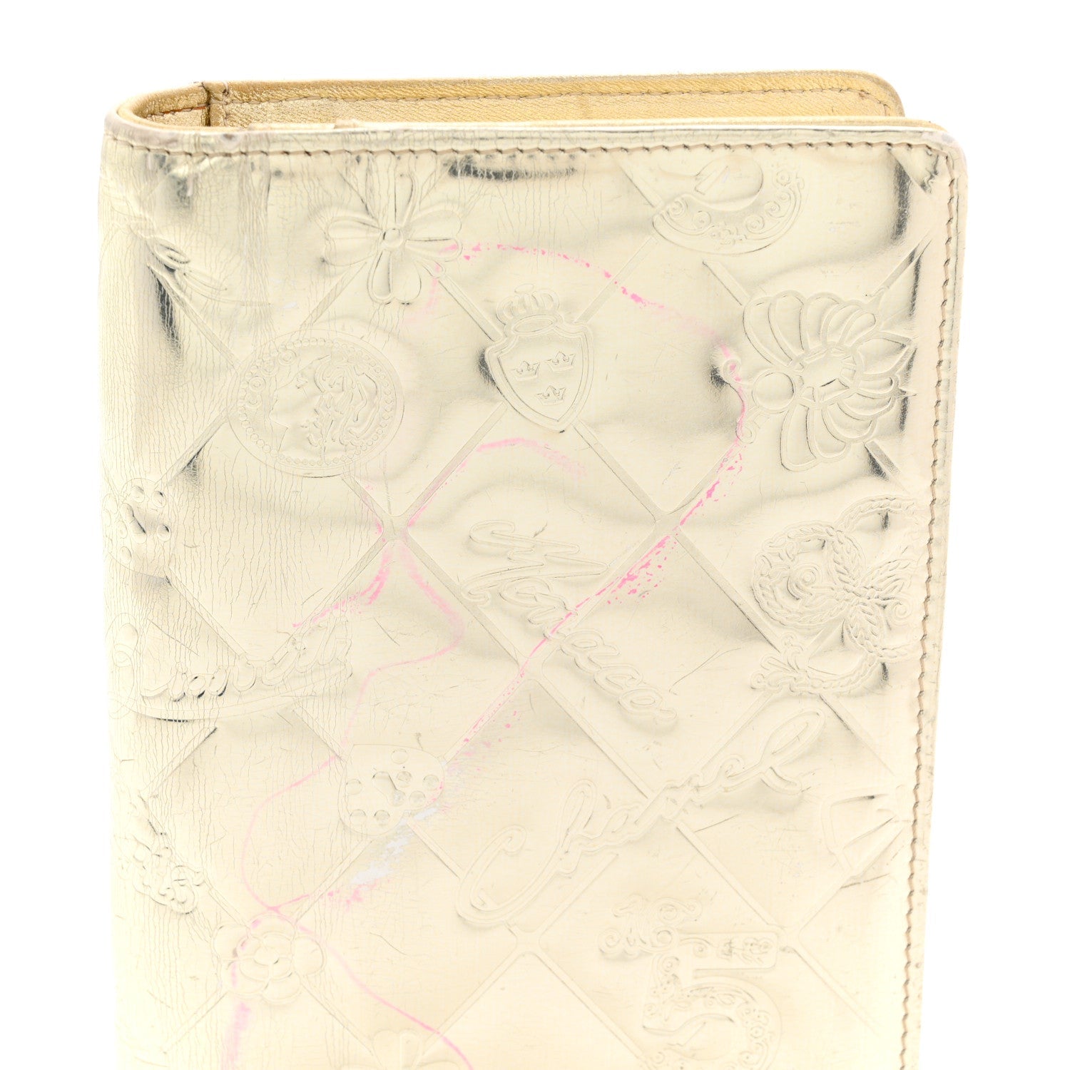 Metallic Patent Calfskin Quilted Lucky Symbols Yen Wallet Gold