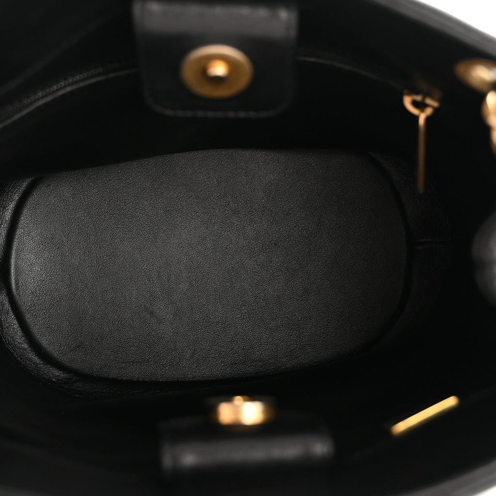 Chanel Lambskin Quilted Chaine Lettre Small Bucket Bag Black