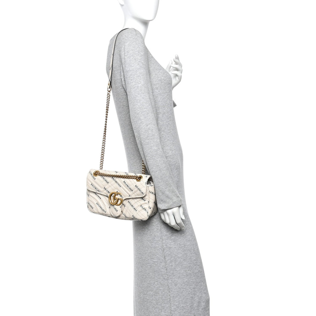 Gucci X BALENCIAGA Calfskin Matelasse Logo Print Small GG Marmont Shoulder Bag White
