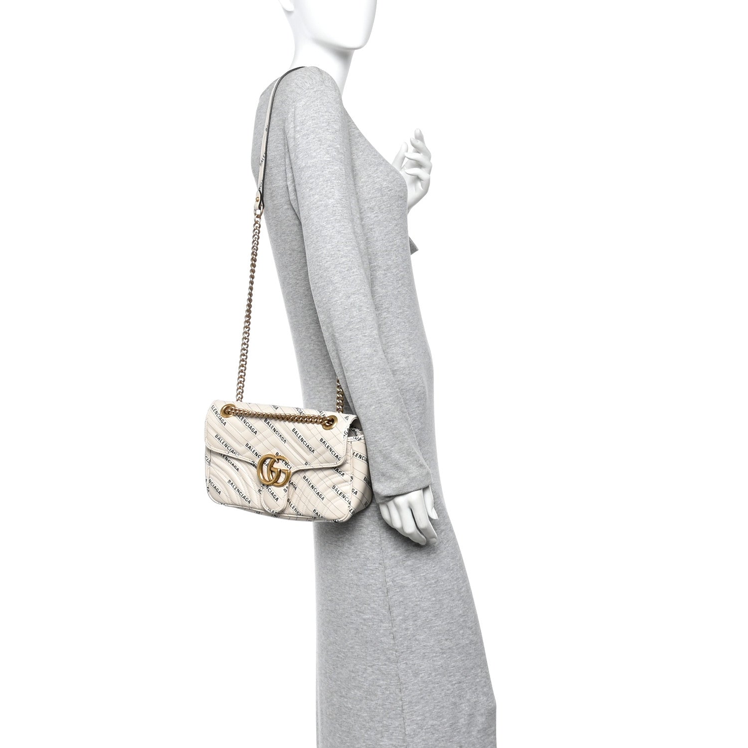 Gucci X BALENCIAGA Calfskin Matelasse Logo Print Small GG Marmont Shoulder Bag White