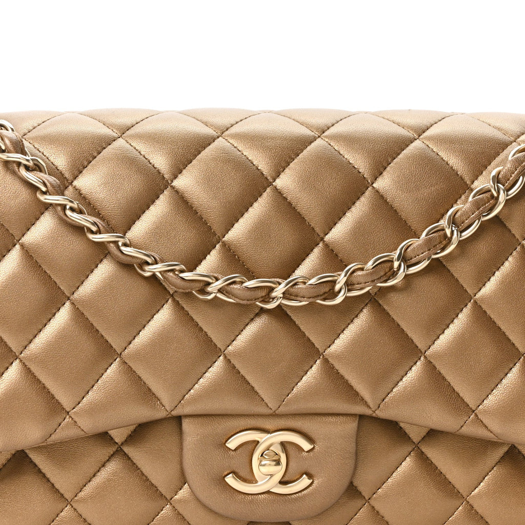 Chanel Metallic Lambskin Quilted Jumbo Double Flap Khaki
