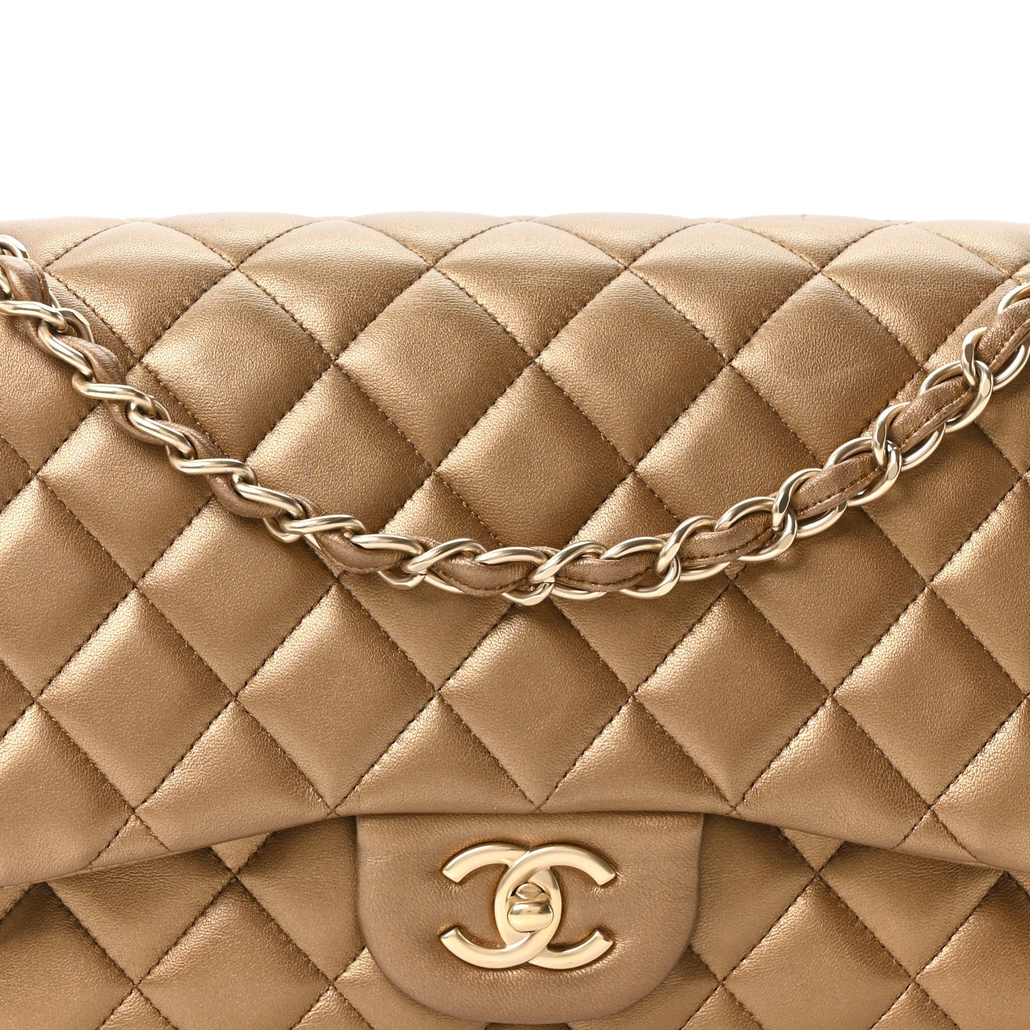 Chanel Metallic Lambskin Quilted Jumbo Double Flap Khaki