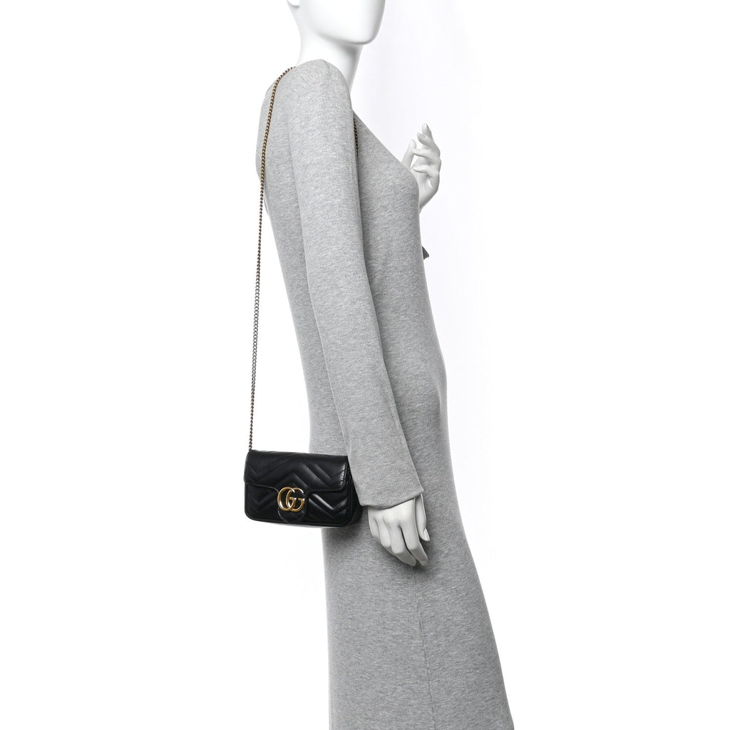 Gucci Calfskin Matelasse Super Mini GG Marmont Shoulder Bag Black