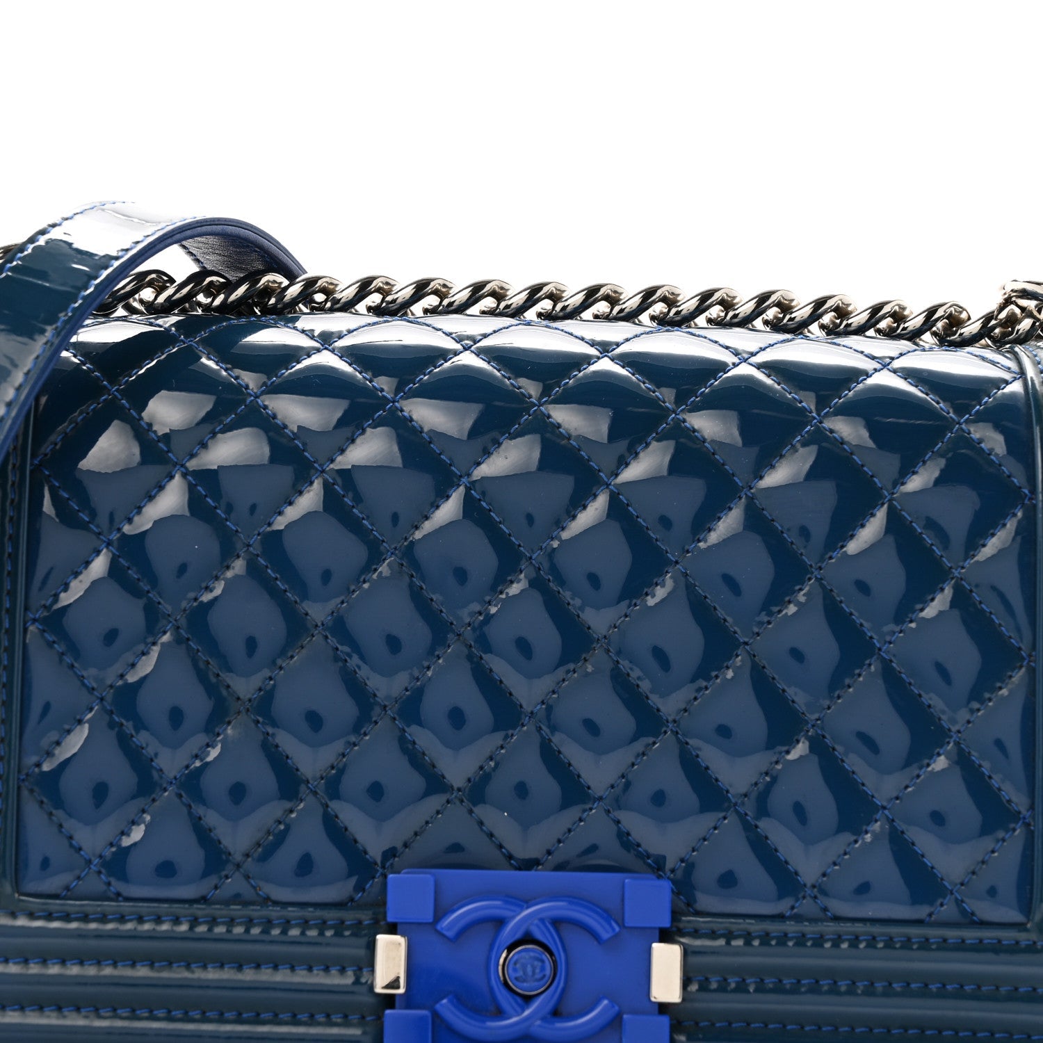 Chanel Patent Calfskin Quilted Medium Plexiglass Boy Flap Blue