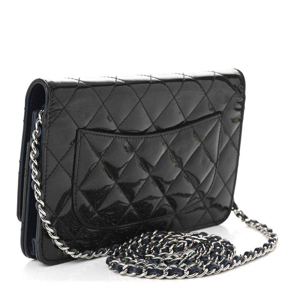Chanel Patent Quilted Wallet On Chain WOC Navy Blue