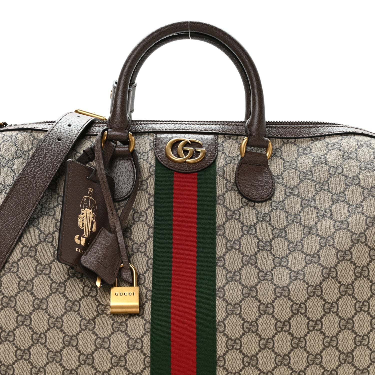 Gucci GG Supreme Monogram Textured Dollar Calfskin Web Medium Savoy Duffle Bag Beige Dark Brown