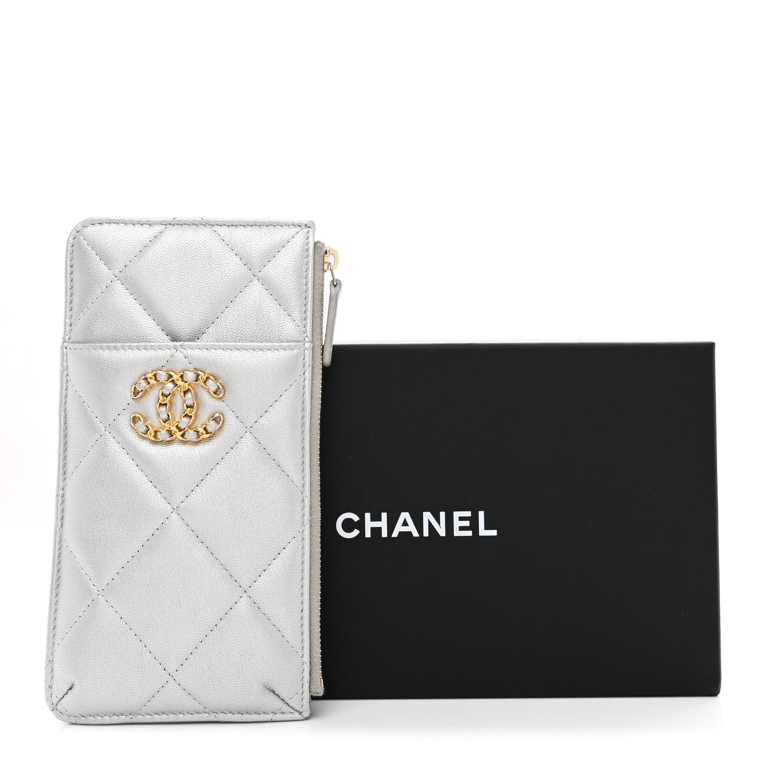 Chanel Lambskin Quilted Chanel 19 Phone and Card Holder Silver