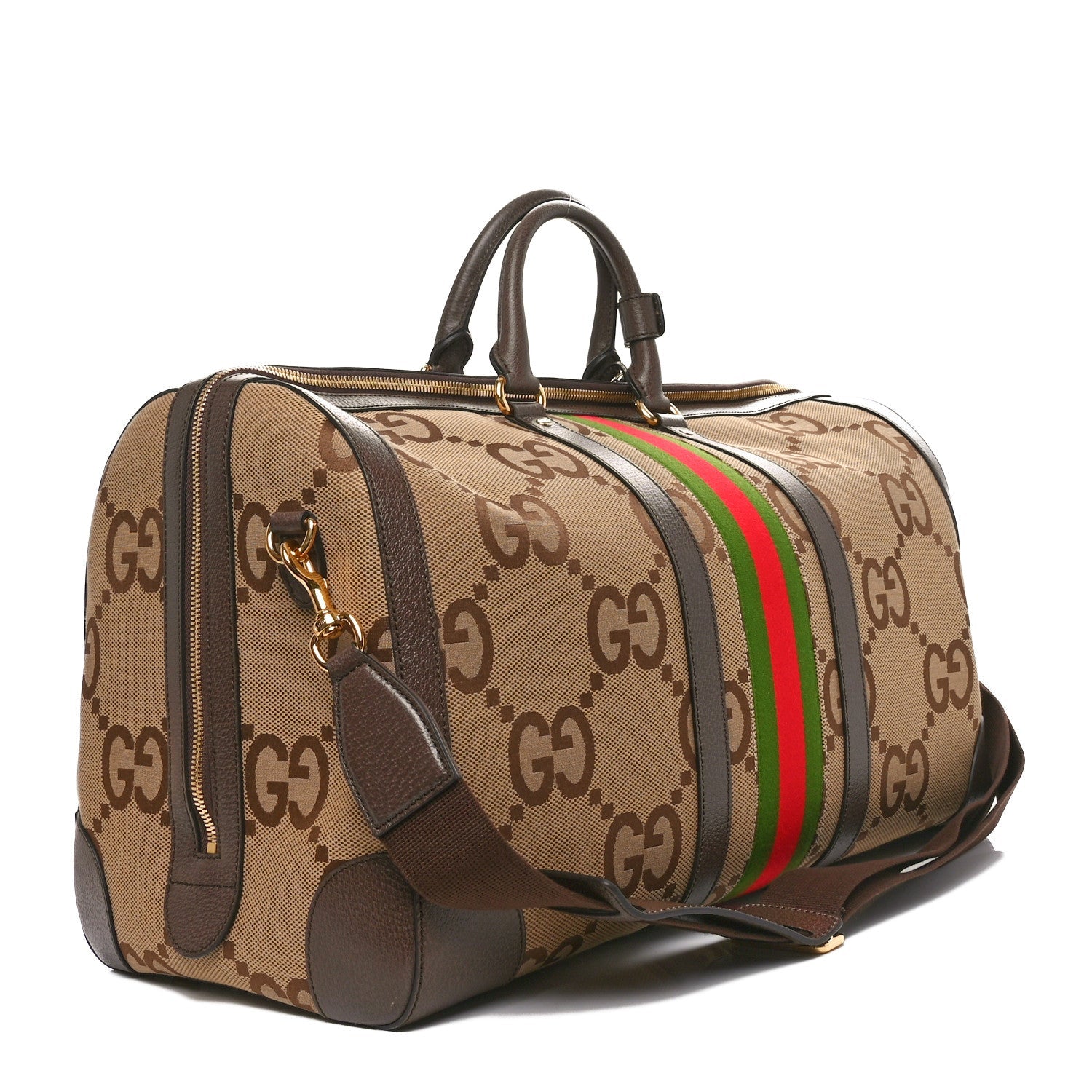 Gucci Monogram Jumbo GG Textured Dollar Calfskin Web Large Duffle Bag Camel Ebony