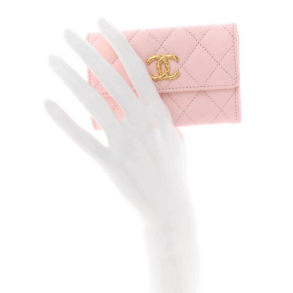 Caviar Quilted CC Flap Card Holder Rose