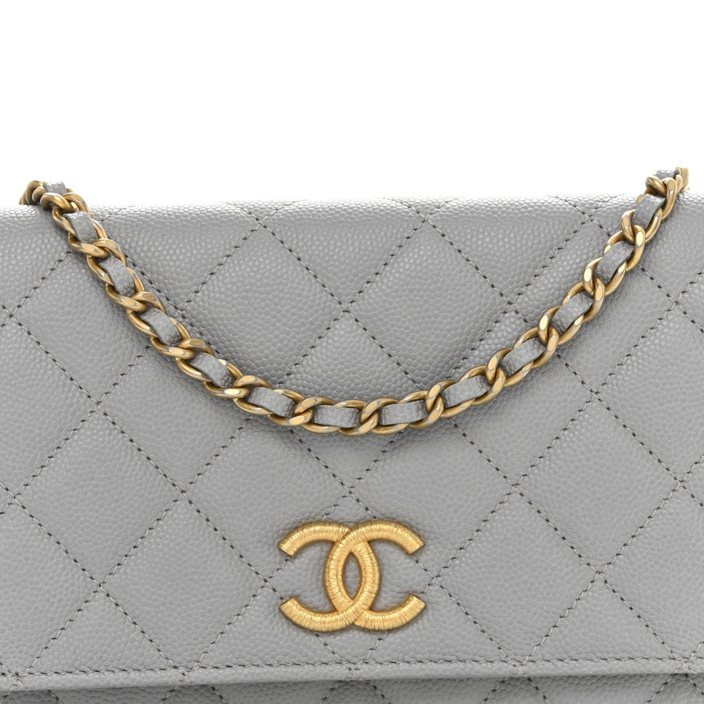 Chanel Caviar Quilted Textured CC Wallet On Chain WOC Grey