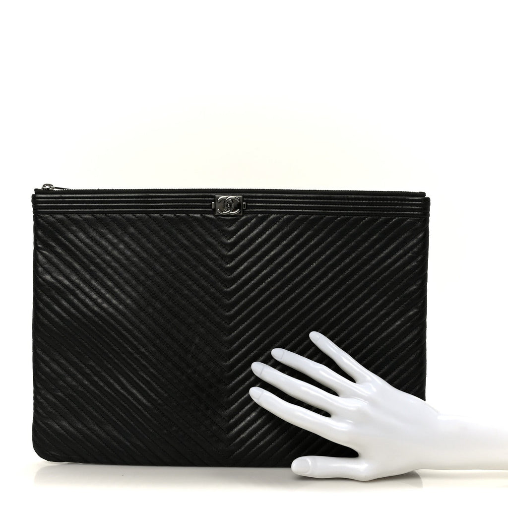 Lambskin Chevron Large Boy Zip Pouch Black