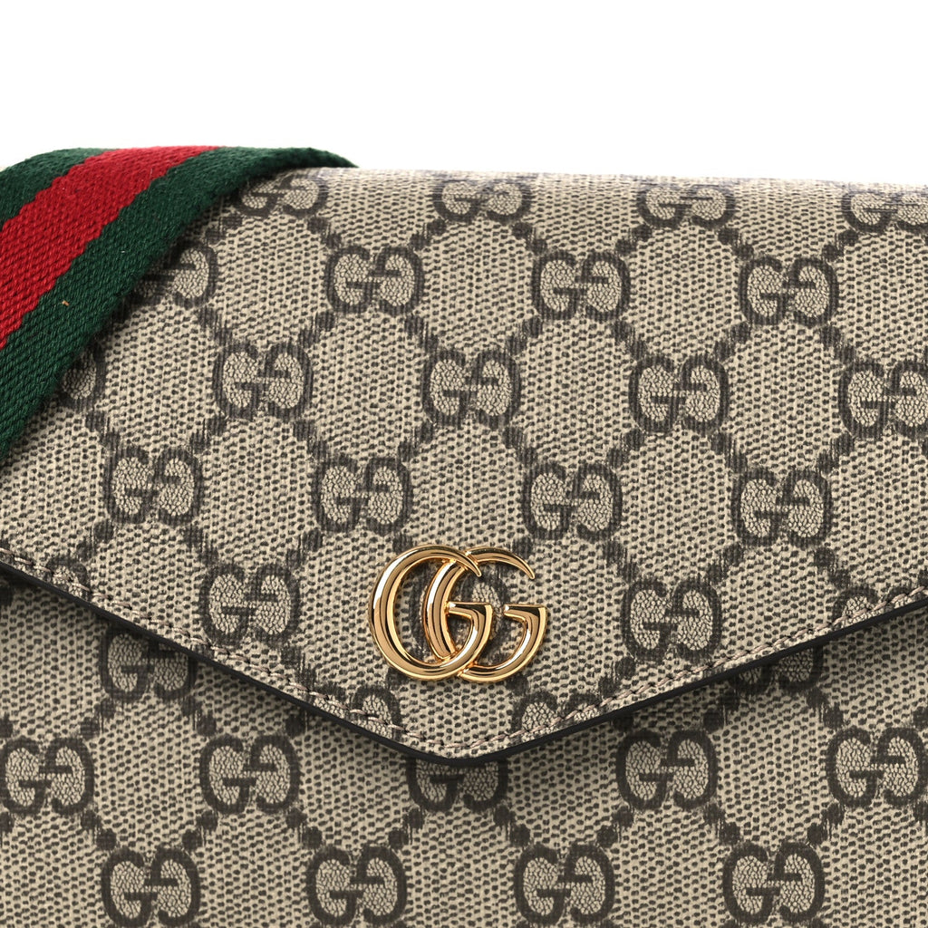 Gucci GG Supreme Monogram Textured Dollar Calfskin Web Mini Ophidia Envelope Shoulder Bag Beige Ebony New Acero