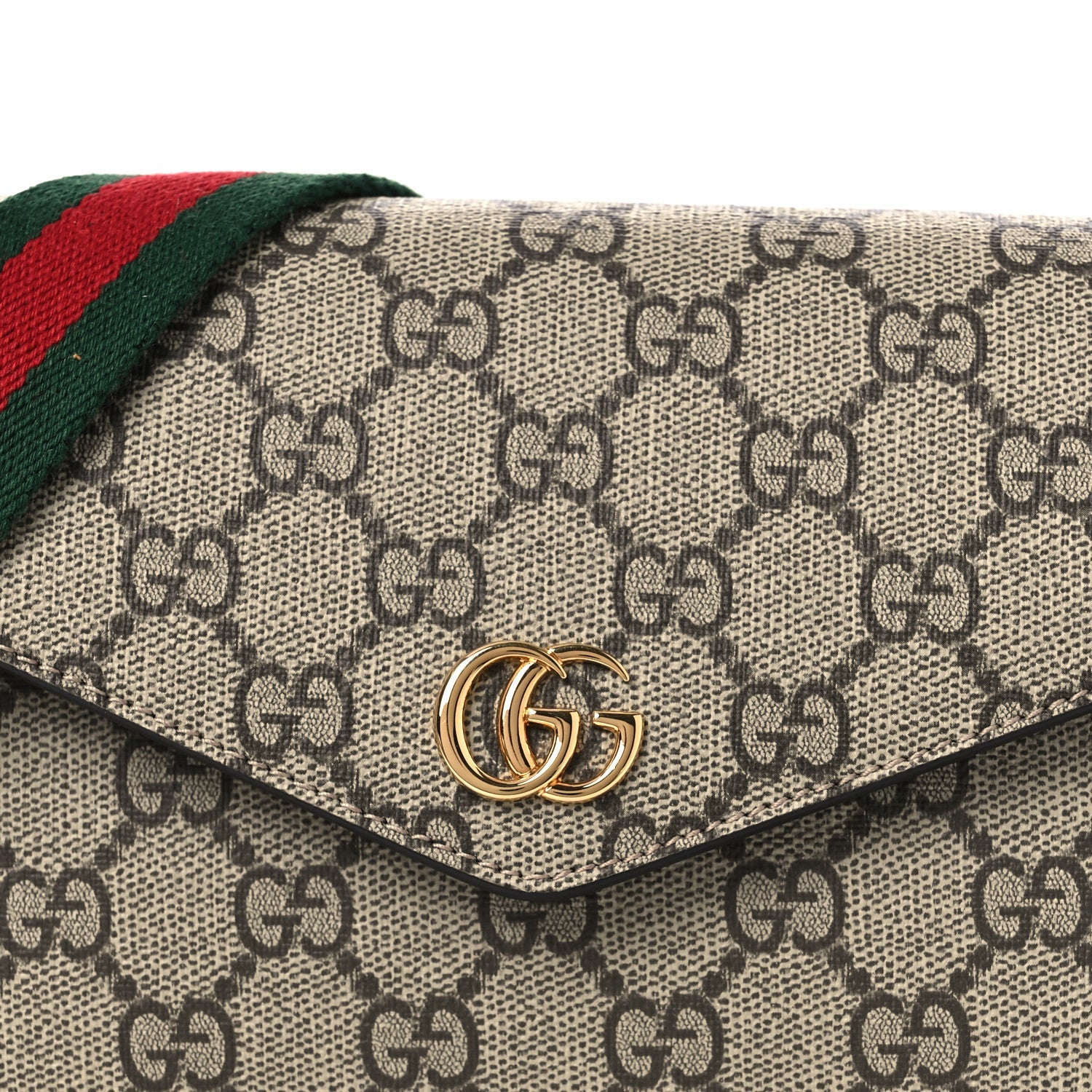 Gucci GG Supreme Monogram Textured Dollar Calfskin Web Mini Ophidia Envelope Shoulder Bag Beige Ebony New Acero