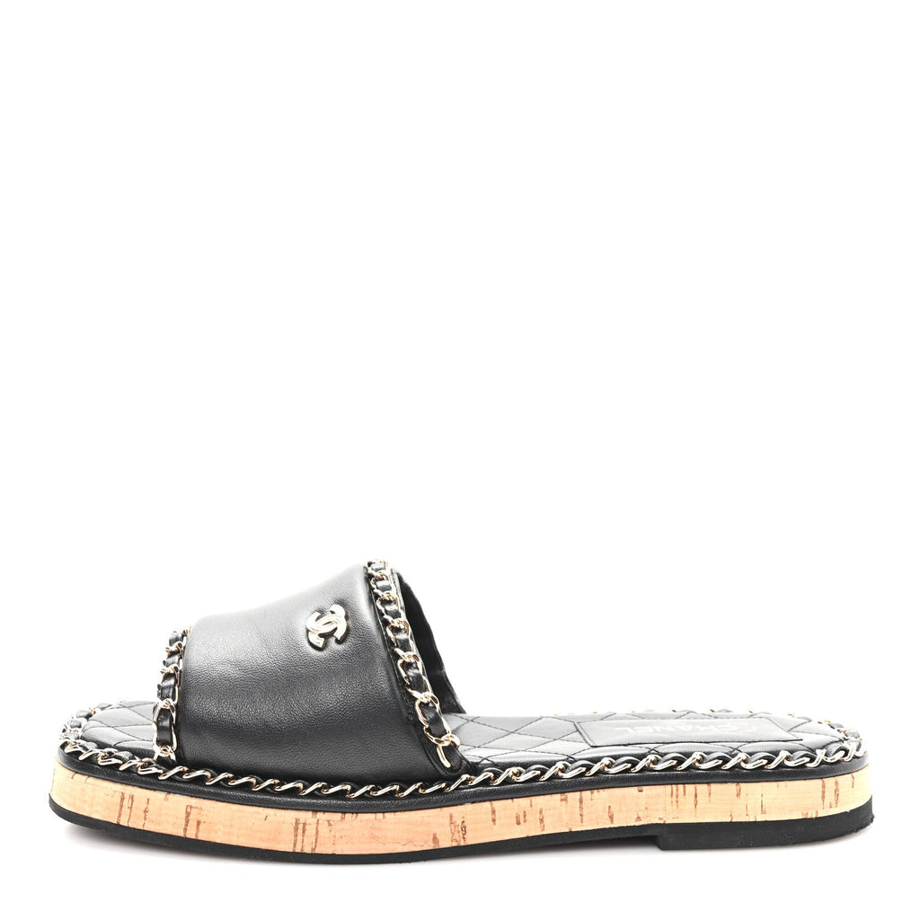 Lambskin Chain Cork Slide Sandals 37 Black