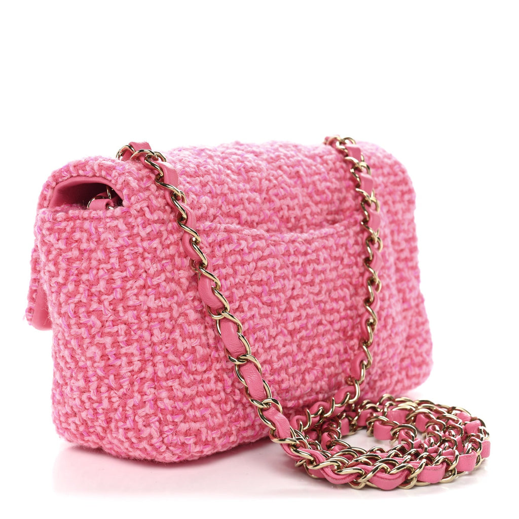 Chanel Wool Tweed Quilted Mini Rectangular Flap Dark Pink Fuchsia
