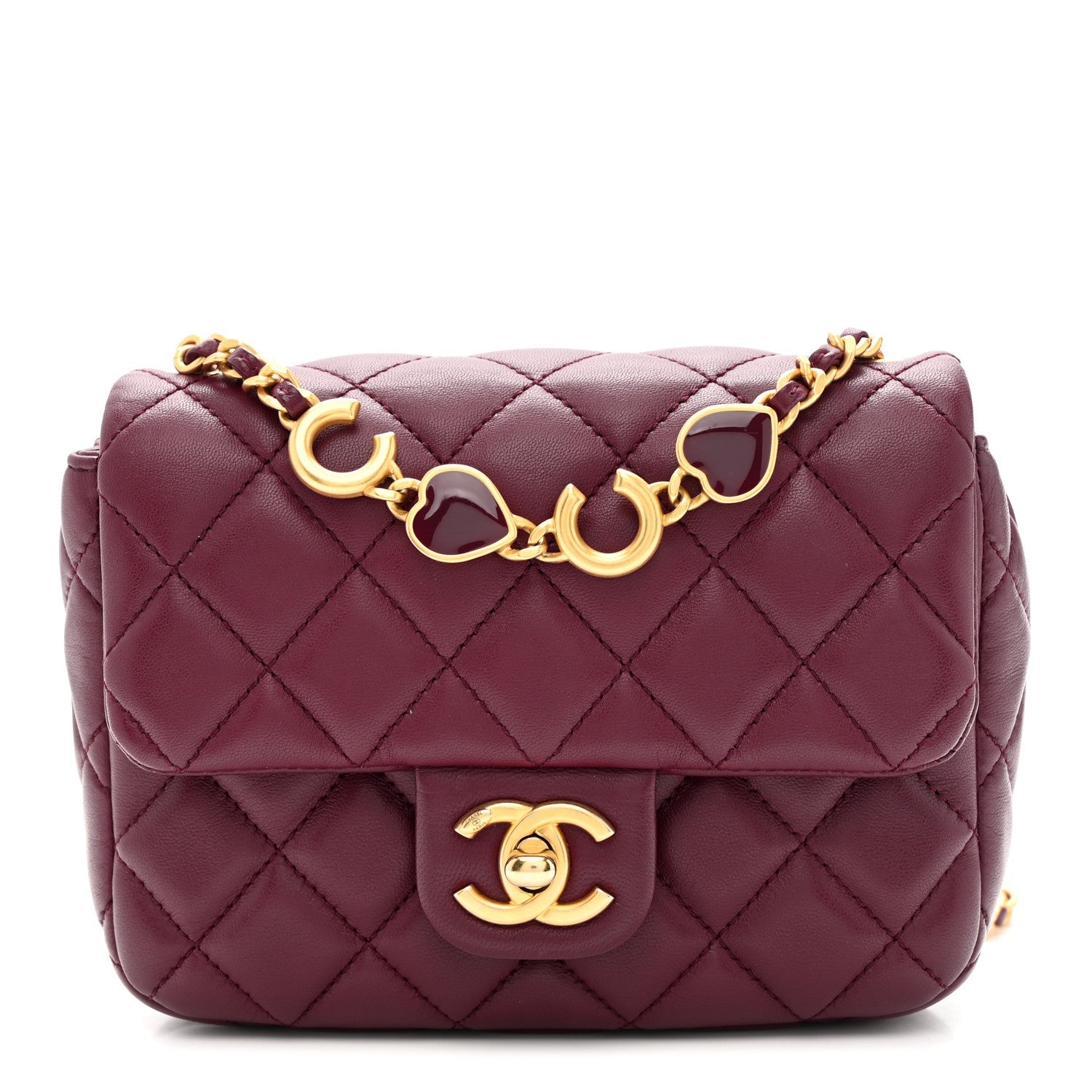 Chanel Lambskin Enamel Quilted Mini Coco Hearts Square Flap Burgundy