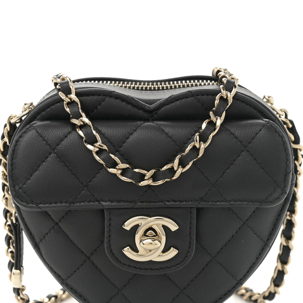 Chanel Lambskin Quilted CC In Love Heart Clutch With Chain  Black