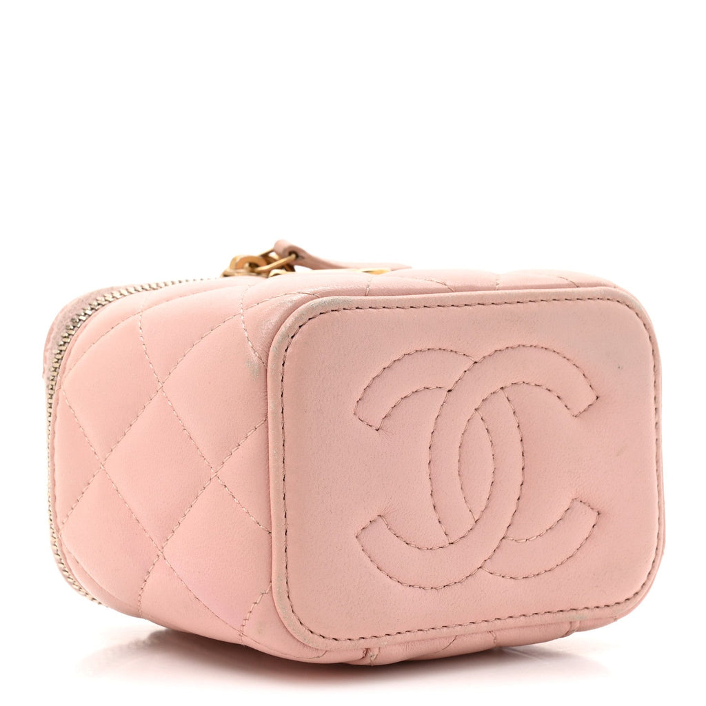 Chanel Lambskin Quilted Mini Sweet Camellia Vanity Case With Chain Pink