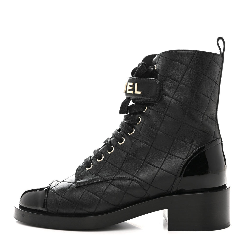 Lambskin Patent Calfskin Quilted Logo Lace Up Combat Boots 37 Black