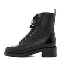 Lambskin Patent Calfskin Quilted Logo Lace Up Combat Boots 37 Black