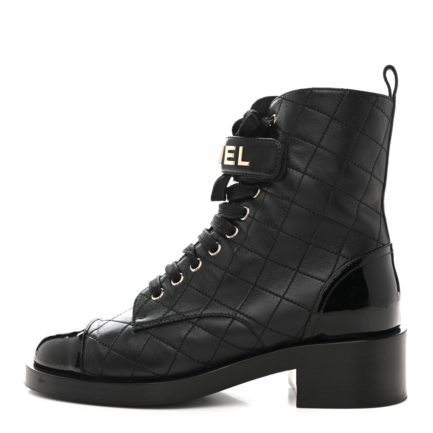 Lambskin Patent Calfskin Quilted Logo Lace Up Combat Boots 37 Black