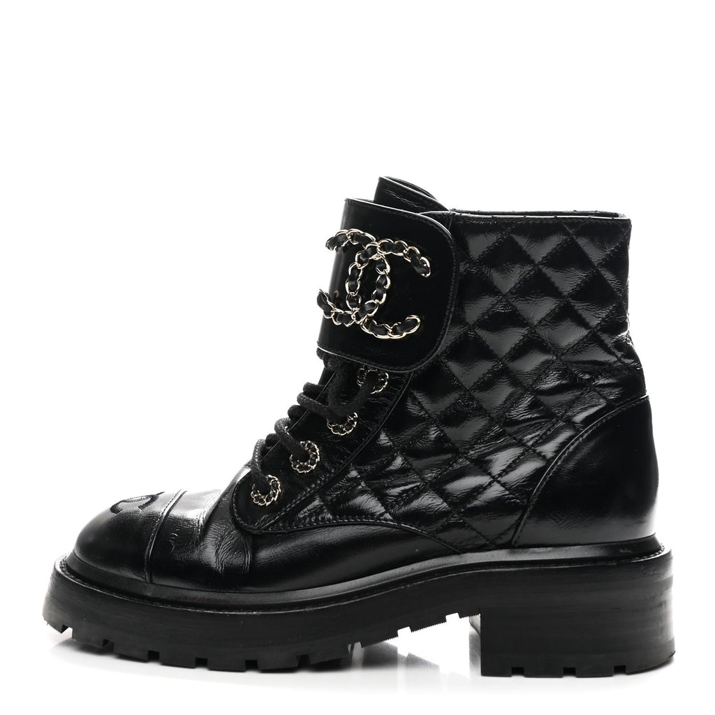 Chanel Shiny Calfskin Quilted Lace Up Combat Boots 36 Black
