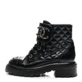 Chanel Shiny Calfskin Quilted Lace Up Combat Boots 36 Black