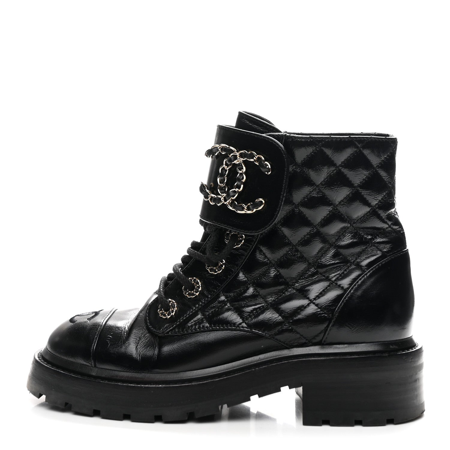Chanel Shiny Calfskin Quilted Lace Up Combat Boots 36 Black