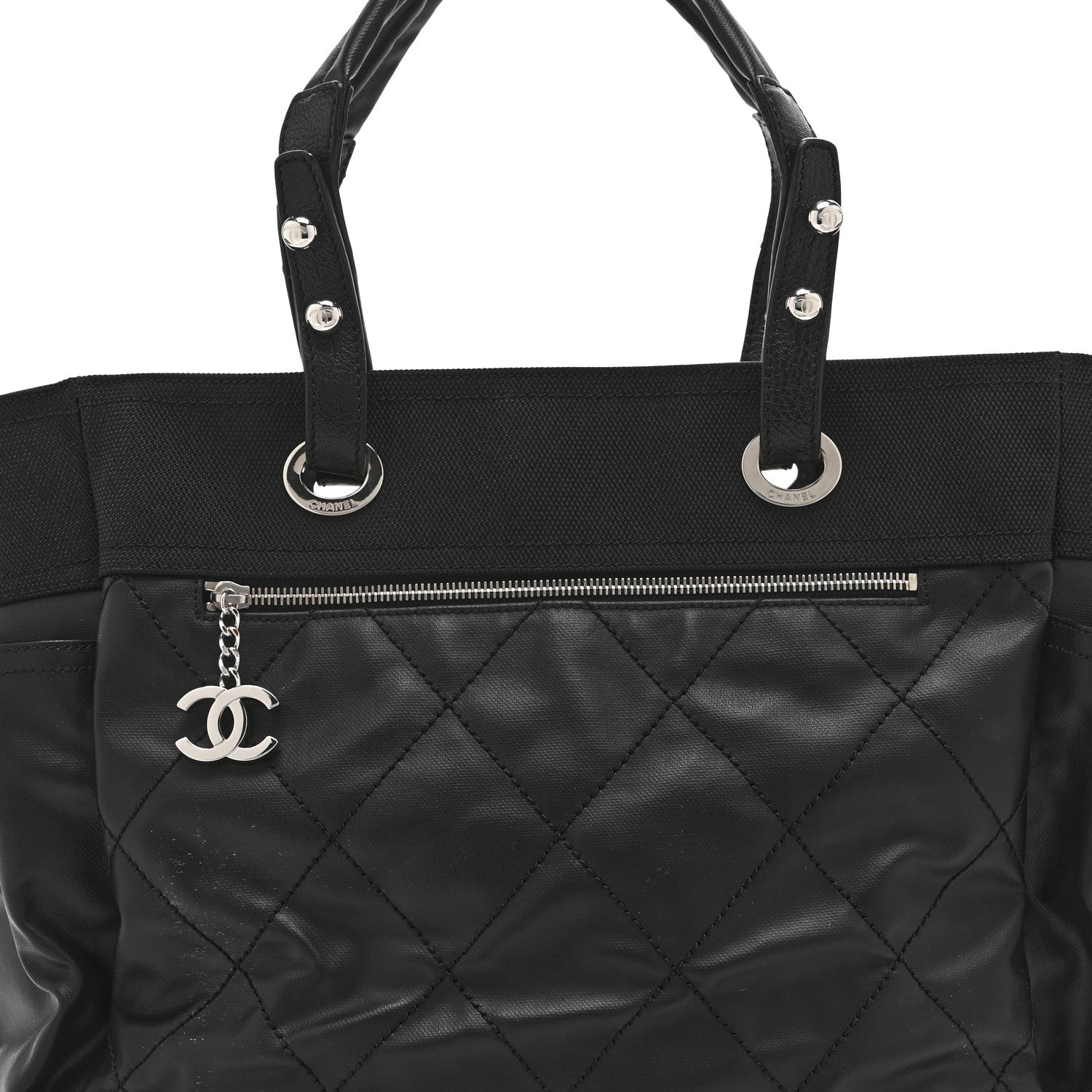 Chanel Coated Canvas Quilted Large Paris Biarritz Tote Black