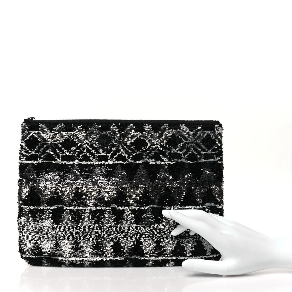 Chanel Sequin Wool Quilted Cosmetic Pouch Black Silver