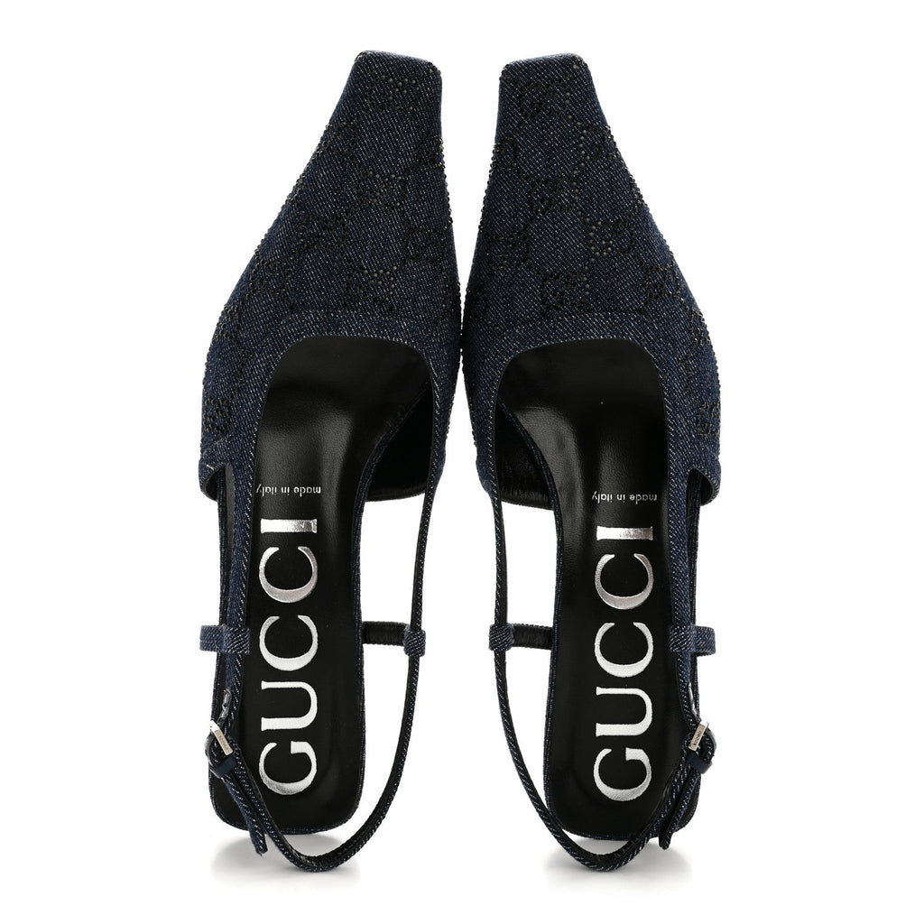 Gucci Denim GG Monogram Malaga Kid Crystal Square G 35mm Slingback Pumps 39.5 Blue