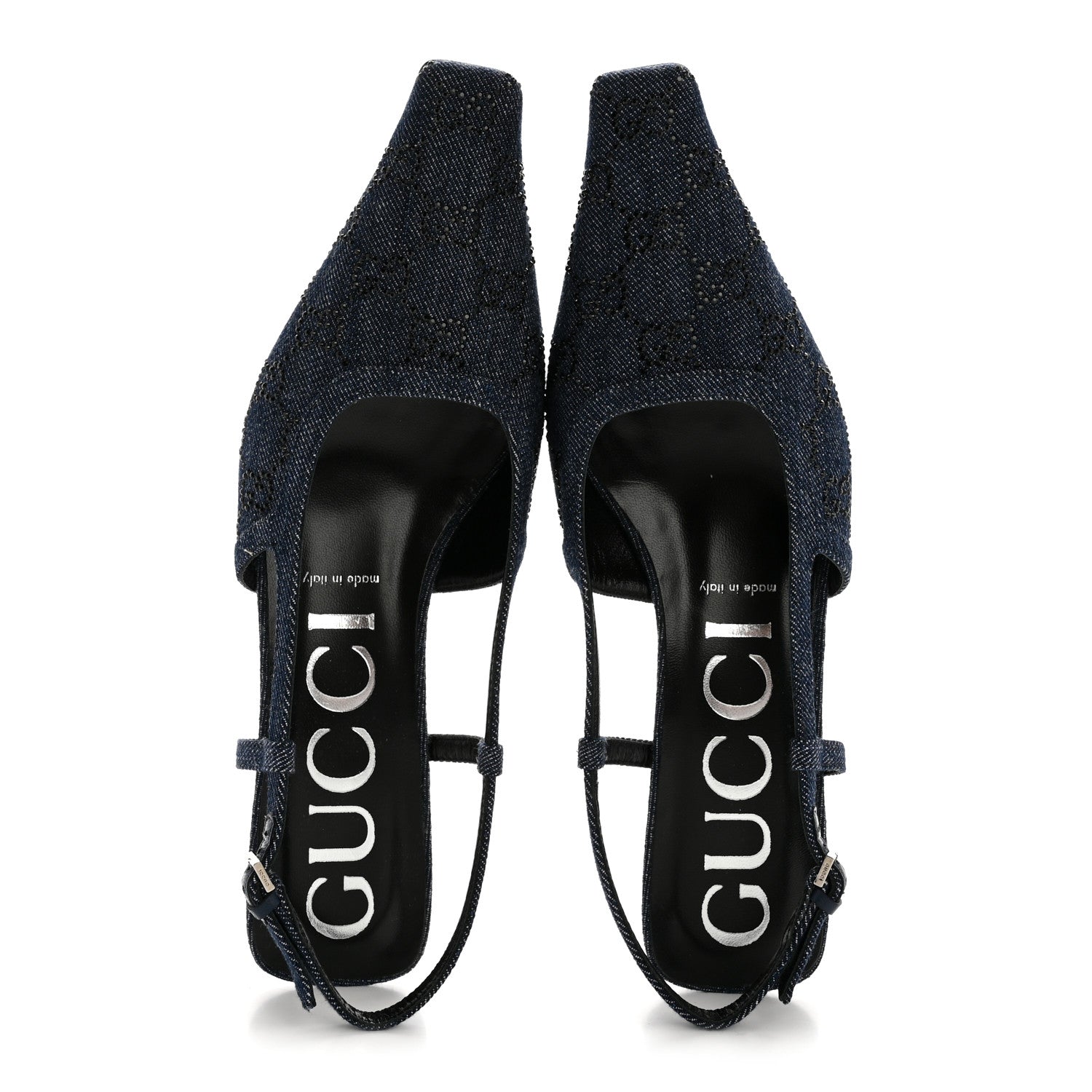 Gucci Denim GG Monogram Malaga Kid Crystal Square G 35mm Slingback Pumps 39.5 Blue