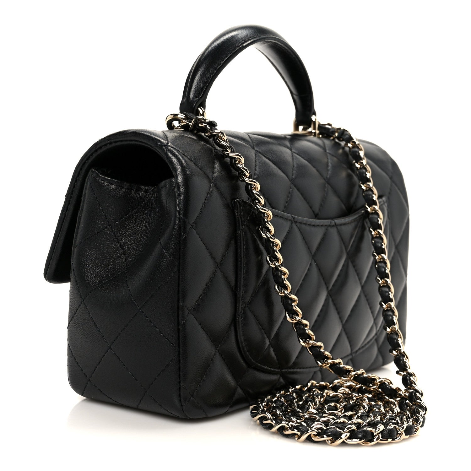 Chanel Lambskin Quilted Mini Top Handle Rectangular Flap Black
