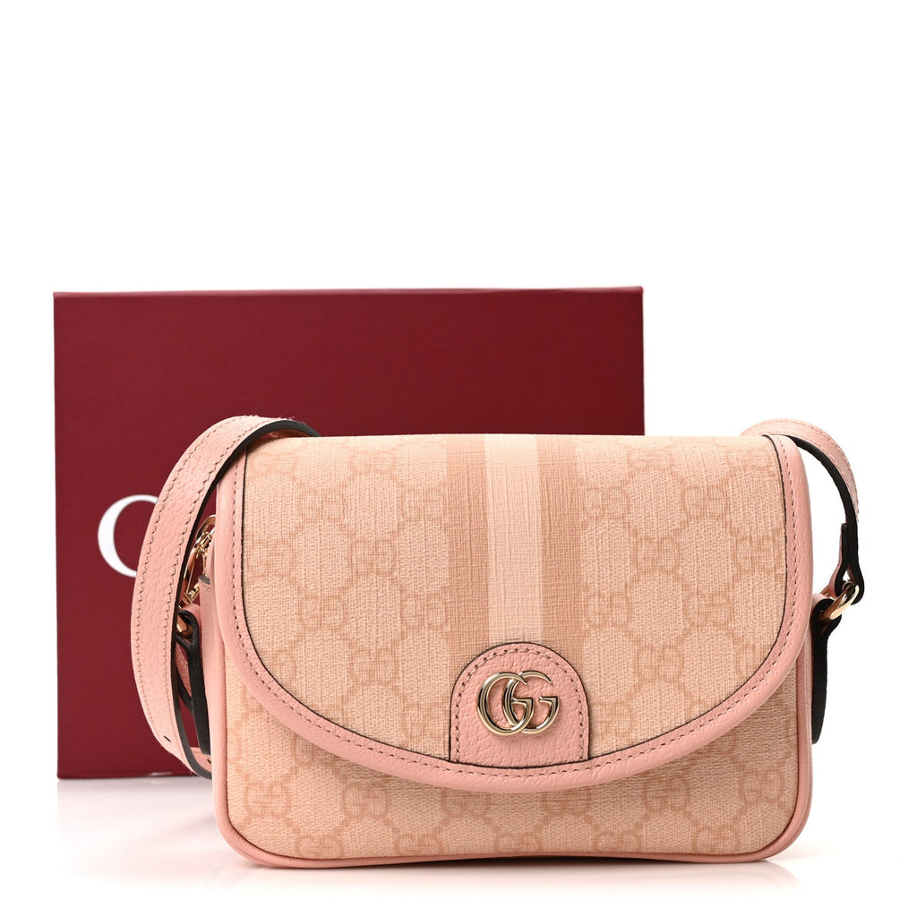 Gucci GG Supreme Monogram Textured Dollar Calfskin Mini Ophidia Flap Shoulder Bag Rose Pink