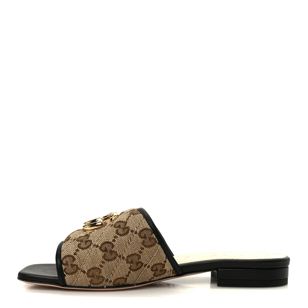 Gucci Monogram Matelasse Diagonal GG Marmont Flat Slide Sandals 35 Beige Ebony Black